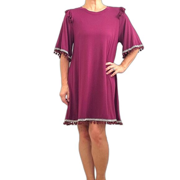 LOVERICHE Dress Womens MEDIUM Red Burgandy Pompom Mini Knit - Picture 2 of 10